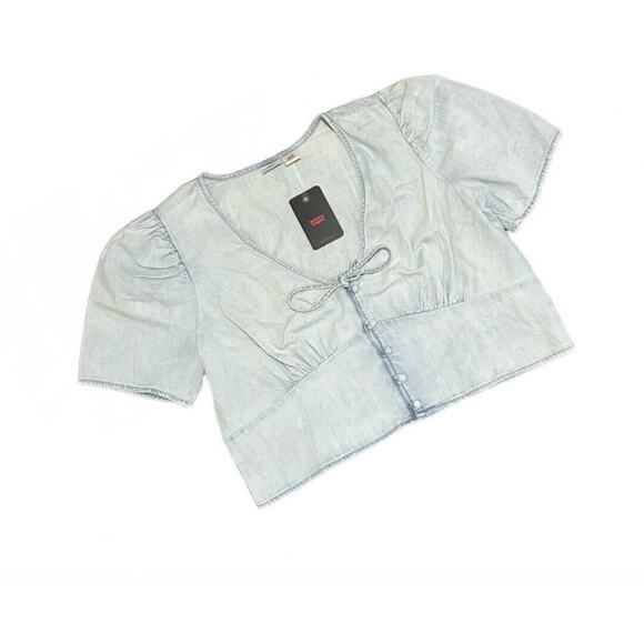 Levi's Women's Luisa Puff Sleeve Blouse Indigo Stonewash Cropped Size XL. NWT - Picture 2 of 5